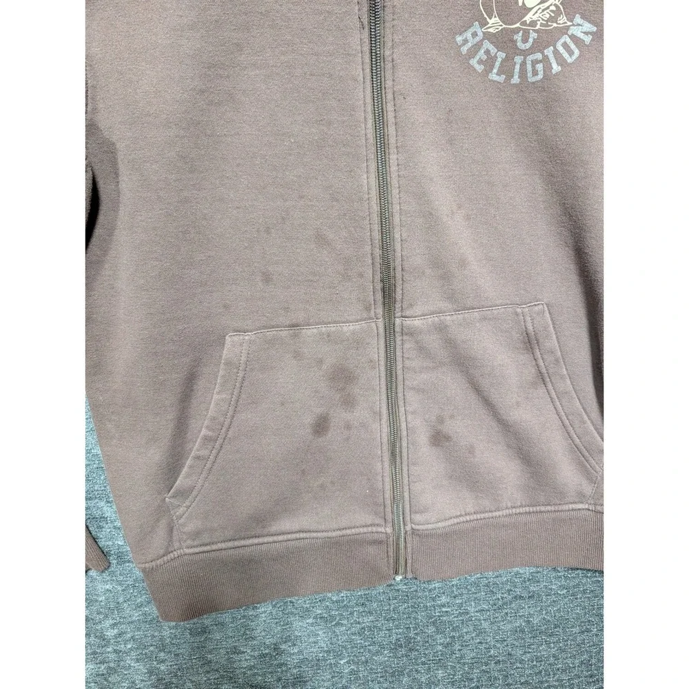 True Religion Mens Buddha Logo Zip Up Hoodie Brown Graphic Sweatshirt Size L